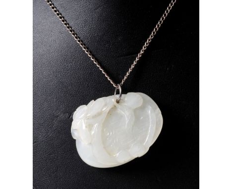 A Chinese Jade Pendant carved in the form of a goose on fine white metal chain