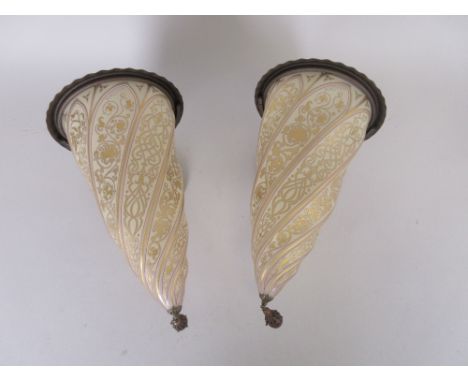 Four modern Fortvny Venetian gilt glass Wall Lights of spiral tapering form with ruby glass droppers