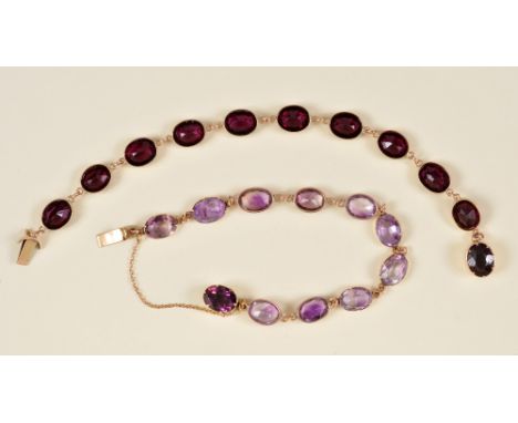 An Amethyst Bracelet set oval-cut stones and a similar Bracelet set synthetic stones