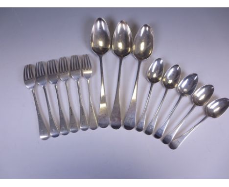 A part Set of Georgian and Victorian silver Cutlery old english pattern engraved cockerel crest, viz: three Table Spoons, New