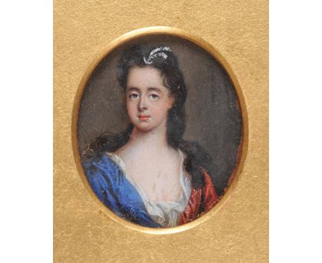 CIRCLE OF BERNARD LENS III (1682-1740)Portrait miniature of a Lady, quarter-length, wearing a red and blue lace-trimmed dress