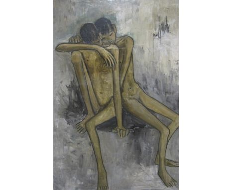 B. PRABHA (1933-2001)Untitled (Two Boys)signed and dated 'B. Prabha, 1965' (upper right)oil on canvas56 x 38 inProvenance: Ph