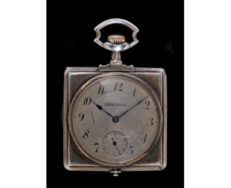 A Graziosa square Pocket Watch having circular dial with arabic numerals and subsidiary dial, reverse of case embossed dead g