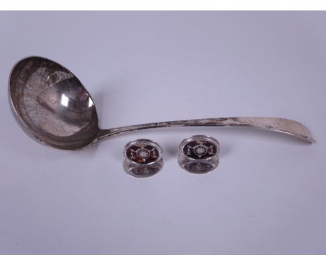 A George III Scottish silver Soup Ladle, old english pattern, Edinburgh 1799 and a pair of silver and tortoiseshell oval Menu