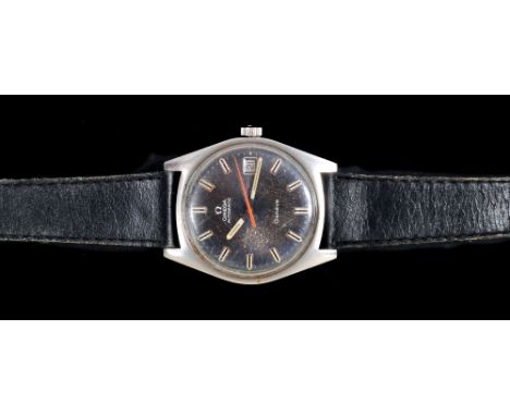 A Gentleman's Omega Geneve Automatic Wristwatch, the black dial with red sweep seconds hand, hourly baton markers and date ap