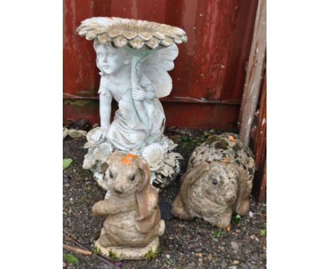 THREE MODERN GARDEN ORNAMENTS, including a resin bird bath, in the form of a fairy holding aloft a flower petal bowl, 56cm in
