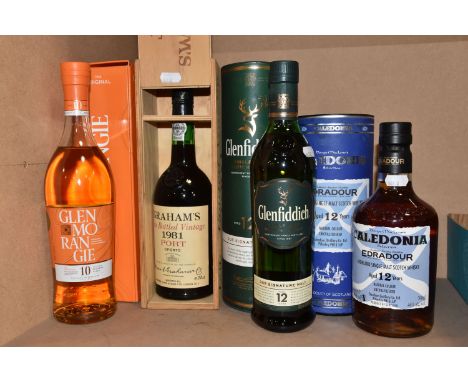 SINGLE MALT &amp; PORT Four Bottles comprising 1 x EDRADOUR 12 Years Highland Single Malt from Dougie MacLean's Caledonia Sel