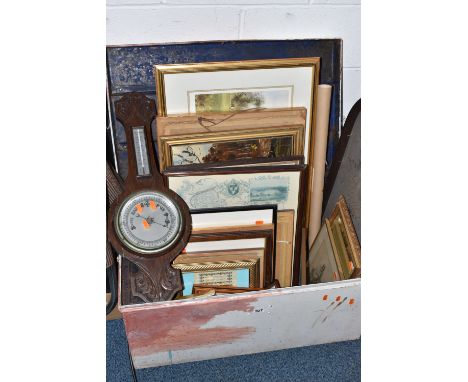 A TRUNK OF PICTURES AND PRINTS, ETC, to include a large painted metal trunk with internal compartment, approximate height 42c