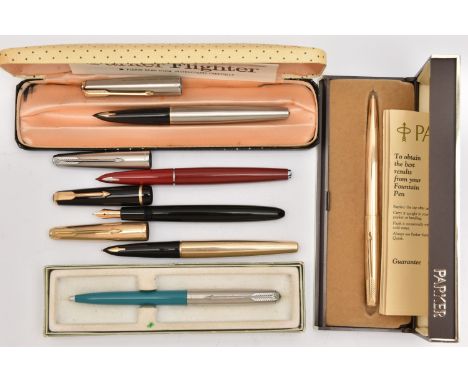 AN ASSORTMENT OF PENS AND PENCILS, to include a 'Parker Flighter' fountain pen in box, an 18ct rolled gold 'Parker 61' founta