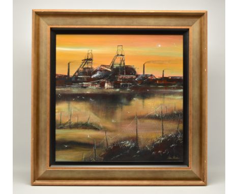 ADAM MILLEN (BRITISH CONTEMPORARY), 'ACROSS THE RIVER', an industrial landscape of winding gear at a coal mine, signed bottom