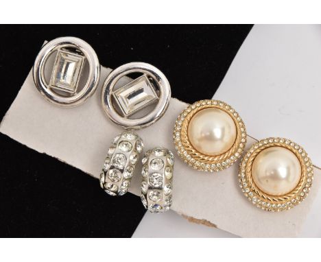 THREE PAIRS OF 'CHRISTIAN DIOR' CLIP ON EARRINGS, to include a pair of large circular form earrings set with large faux pearl
