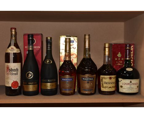 COGNAC/BRANDY, Six Bottles of Cognac and One Bottle of Brandy comprising 1 x 1 Litre bottle of COURVOISIER *** Luxe, 40% vol.