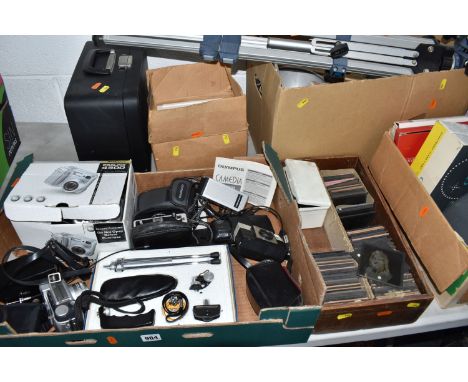 THREE BOXES AND LOOSE PHOTOGRAPHIC EQUIPMENT, to include a box of over one hundred glass slides, themes to include art, histo