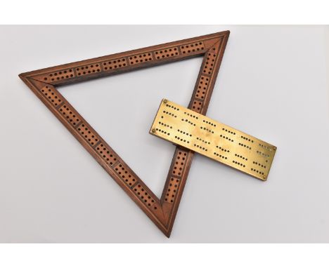 TWO CRIBBAGE BOARDS, one of triangular form with wooden inlaid details, three feet and a small compartment verso for pegs, le
