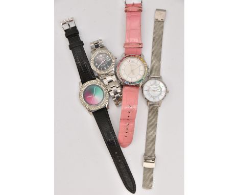 FOUR LADIES FASHION WRISTWATCHES, to include a quartz 'Juicy Couture' watch with pink strap, a mother of pearl dial 'Olivia B
