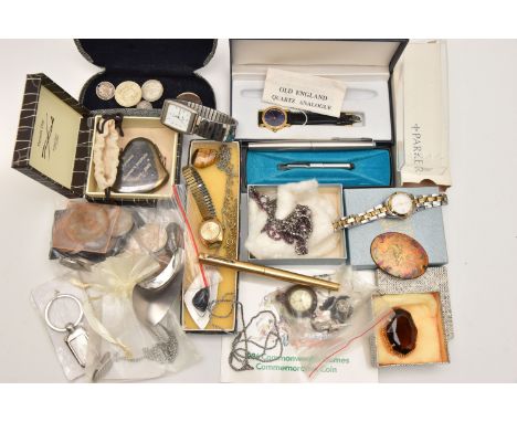 A BOX OF ASSORTED JEWELLERY AND ITEMS, to include a small silver ingot pendant with chain, hallmarked Birmingham, 5.4 grams, 