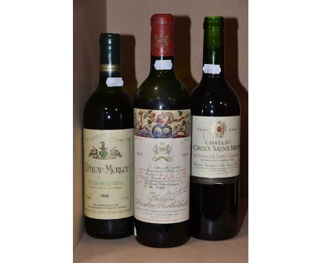 BORDEAUX WINE, Three Bottles of Red Wine from Bordeaux comprising 1 x CHATEAU MOUTON ROTHSCHILD 1968 bottle no. 17366, fill l