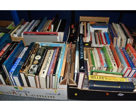 FOUR BOXES OF BOOKS comprising art, antiques, and collectable interest to include subjects related to clocks and watches, Roy