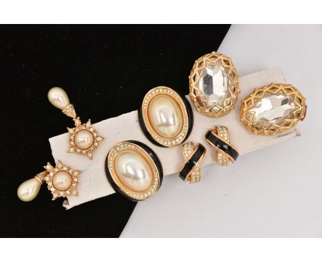FOUR PAIRS OF 'CHRISTIAN DIOR' CLIP ON EARRINGS, to include a pair of large oval form earrings, set with large colourless ova