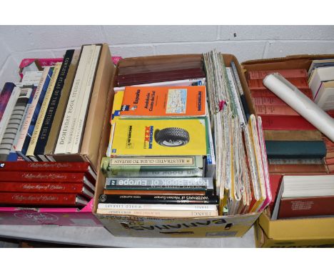 THREE BOXES OF BOOKS AND MAPS, approximately seventy books in hardback and paperback formats, subjects to include geography, 