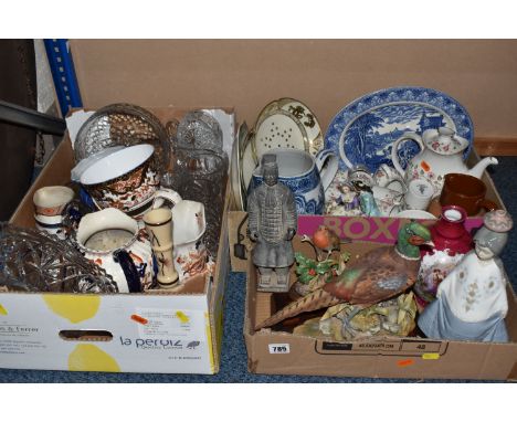 THREE BOXES OF CERAMICS AND GLASS, to include a Royal Doulton 'Woodland Rose' coffee set, early 20th century Sitzendorf figur