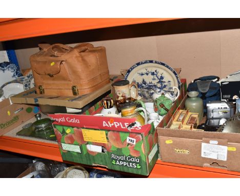 THREE BOXES AND LOOSE CERAMICS AND SUNDRIES, to include a variety of crested ware, names include Shelly, W&amp;R Carlton, vin