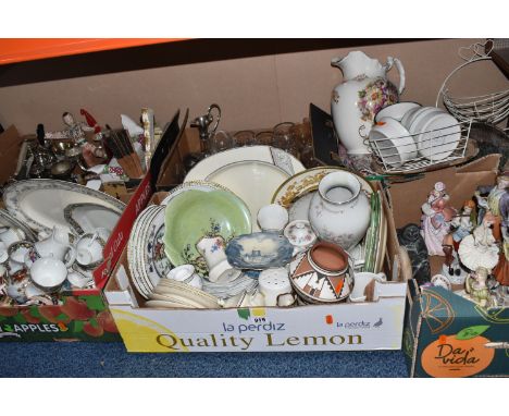 SIX BOXES AND LOOSE CERAMICS, GLASS AND SUNDRIES, to include tea and dinnerware names include Royal Doulton, Paragon, Aynsley
