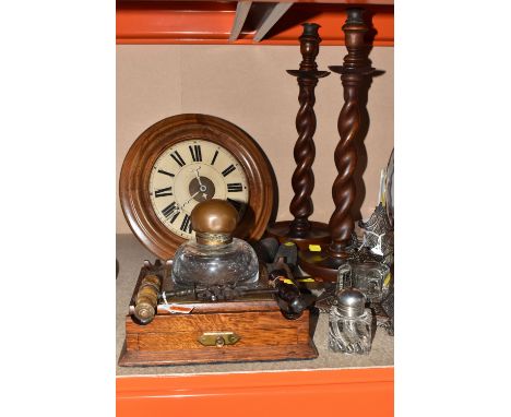 A GROUP OF VINTAGE INKWELLS AND MISCELLANEOUS ITEMS, comprising an square oak desk tidy, slim drawer and brass detail knob, w