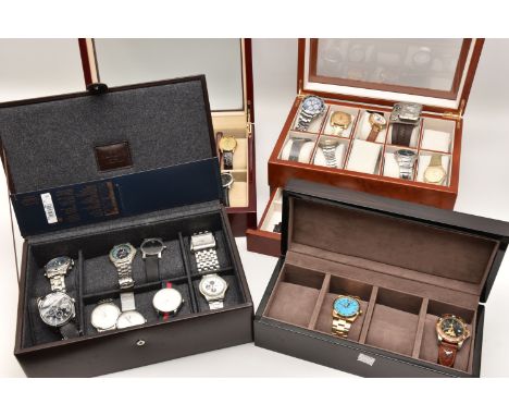 A LARGE BOX OF ASSORTED WRISTWATCHES, to include four display cases, encasing an assortment of wristwatches, names to include
