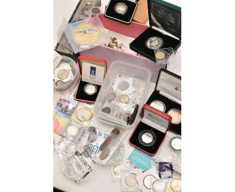 A CARDBOARD BOX CONTAINING MAINLY ROYAL MINT COINAGE, to include cased coins 1995 WWII Silver Piedfort Proof Two Pounds, a Pi