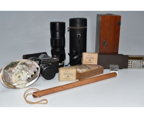 A BOX OF MISCELLANEOUS ITEMS, to include a section of a mosaic floor, with a letter from Liverpool Public Museums dated 1986,