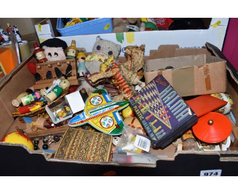TWO BOXES OF VINTAGE WOODEN AND ADVERTISING TOYS ETC to include a Bavarian wooden bar utensil set comprising a bottle opener 