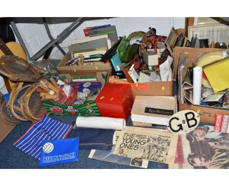 FIVE BOXES AND LOOSE SPORTS, HOBBIES AND SUNDRY ITEMS, to include a boxed Kay London Garden Croquet set,  vintage wooden fram