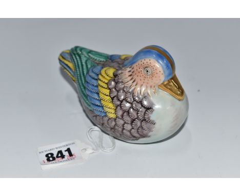 A CERAMIC POLYCHROME 'MANDARIN DUCK, possible Herend of Hungary with a gilt beak and gilt crest, with feathers pained in mult