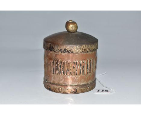 AN ARTS AND CRAFTS ARTHUR JOHN SEWARD PLATED COPPER TEA CADDY with an embossed 'There Is No Herb Like It Under The Canopy of 