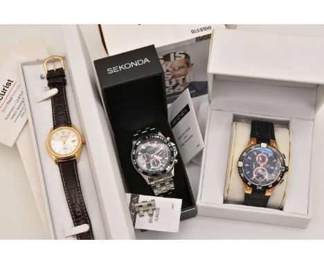 THREE GENTS BOXED WRISTWATCHES, to include a 'Sekonda' N3492 stainless steel chronograph watch, an 'Accurist' quartz wristwat