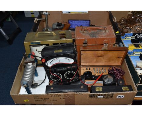 TWO BOXES OF VINTAGE TOOLS AND EQUIPMENT to include two vintage planes, largest 43cm, two Negretti and Zambra thermometers an