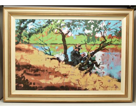 ROLF HARRIS (AUSTRALIA 1930-2023) 'BANJO PATERSON WRITES WALTZING MATILDA', a signed limited edition print on canvas, depicti