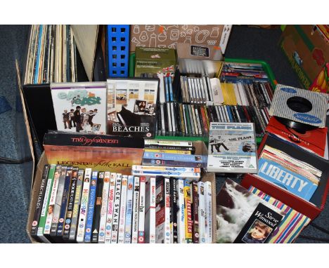 FIVE BOXES AND TWO CASES OF RECORDS, CDS, AND DVDS to include approximately thirty DVDs comprising mostly period dramas and m