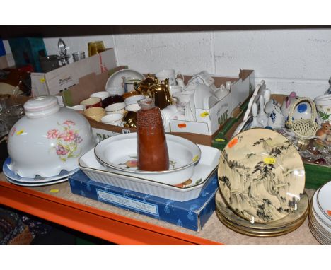 FOUR BOXES AND LOOSE ASSORTED GLASSWARE AND CERAMICS to include four Royal Stafford collector plates from 'the Kyoto Heights'