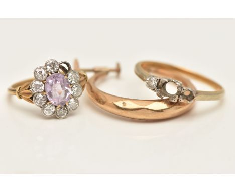 TWO RINGS AND A SINGLE EARRING, to include an AF ring missing two stones, set with one round brilliant cut diamond, mounted i