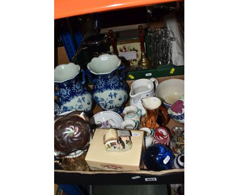 TWO BOXES OF CERAMICS, GLASS, METAL WARE AND SUNDRY ITEMS, to include three WH Goss jugs, a boxed David Winter Staffordshire 