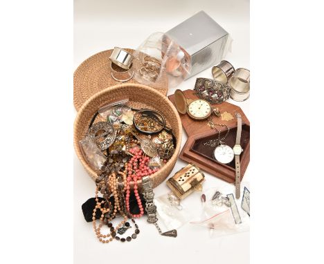 A WICKER BASKET OF ASSORTED COSTUME JEWELLERY AND ITEMS, to include an AF gold plated 'Thomas Russell' full hunter pocket wat