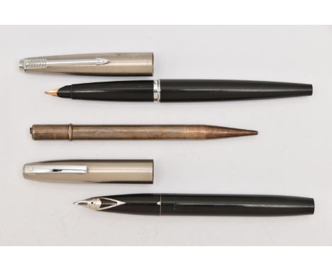 TWO PENS AND A SILVER PROPELLING PENCIL, to include a 'Sheaffer' fountain pen, a 'Parker' fountain pen, fitted with a yellow 
