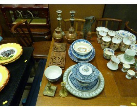 A pair of silver plated candlesticks; two Guernsey milk jugs; a 19th Century Copeland Spode 'Italian' patterned dish; a baby'