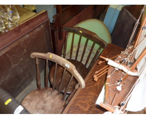 A loom chair and two stick back kitchen chairs