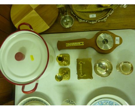 An enamel pot and cover; a barometer; a pair of brass candlesticks; a mantel clock and a silver plated sugar bowl etc.