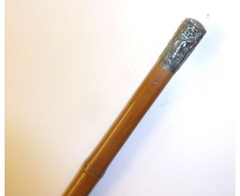 A Chinese white metal topped and bamboo walking cane together with a wooden walking stick