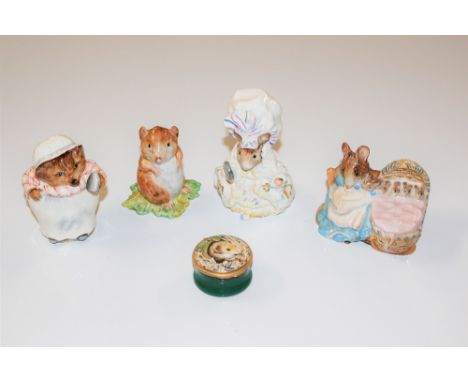 Four Beswick Royal Doulton figures "Timmy Willy", "Hunker Munker", "Mrs Tigglewinkle" and "Lady Mouse2; an enamel patch box a