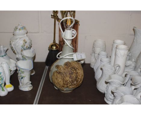 A Bernard Rooke pottery table lamp with bird and floral decoration 